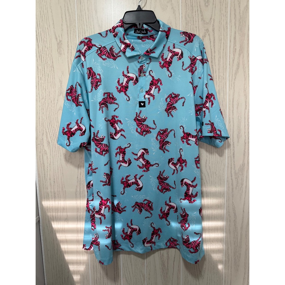 Bad Birdie Mens 2XL Golf Polo Shirt Blue Pink Tiger Print Performance Stretch